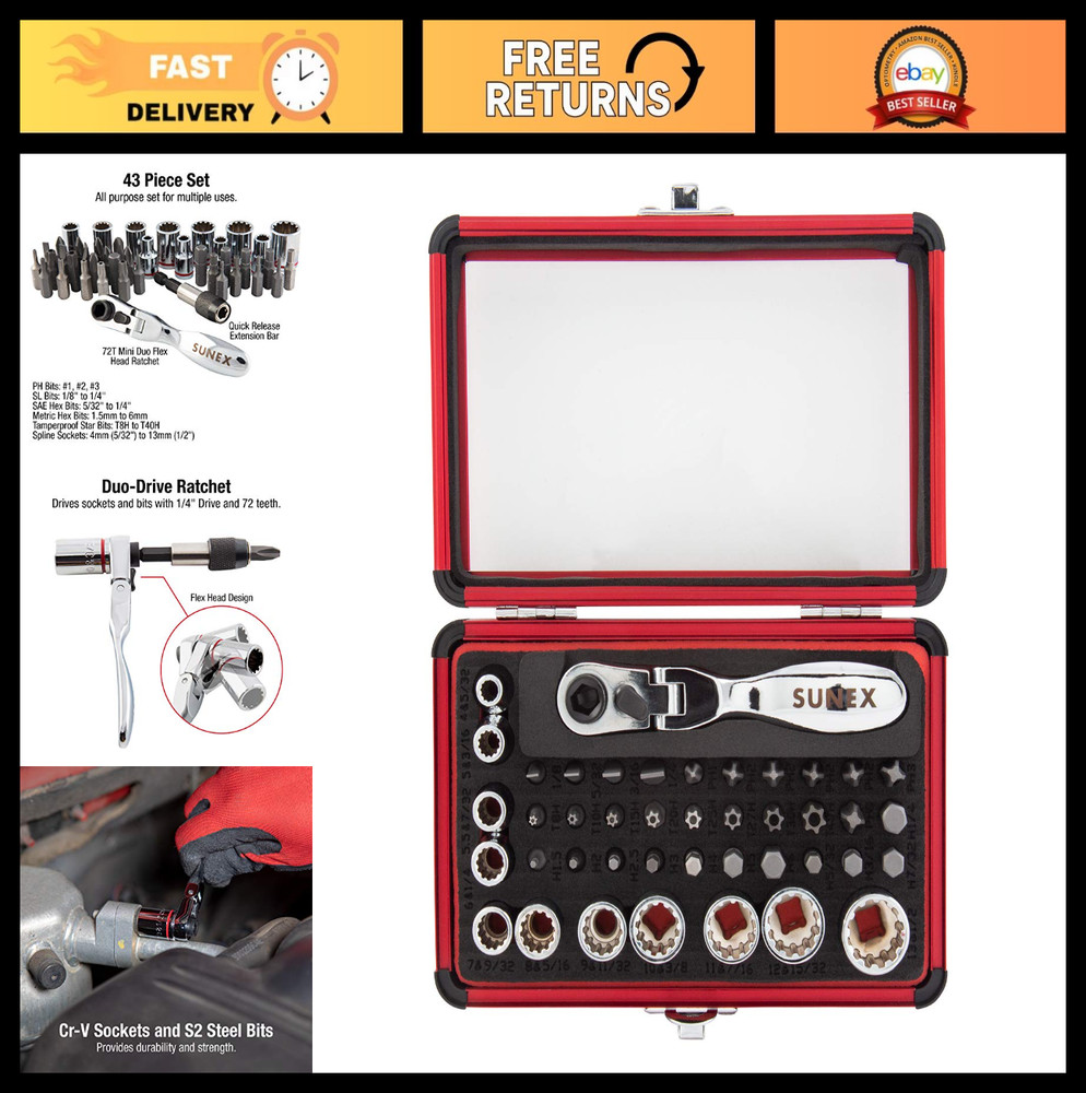 44Pc 1/4" Drive Mini Dual Flex Head Ratchet Wrench Socket & Bit Set Tools