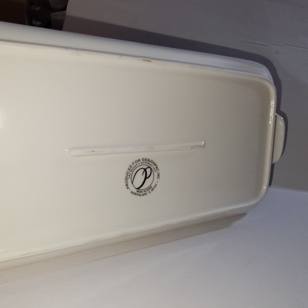 DesignPac Long Rectangular Ceramic Serving Tray Platter Black White Handle Sides