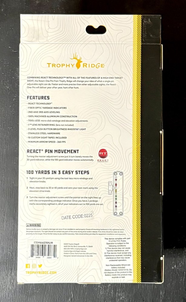 Trophy Ridge React-One Pro Standard Mount Left Hand 1 Pin .019 New