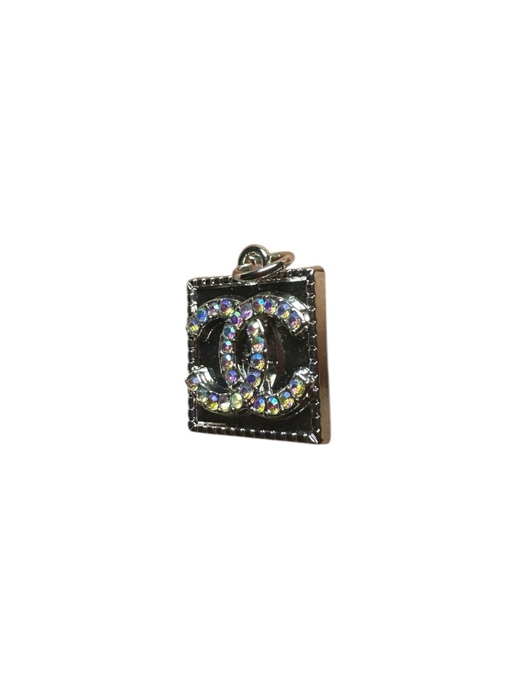 Chanel Silver Square Zipper Pull Charm with Iridescent Stone Logo