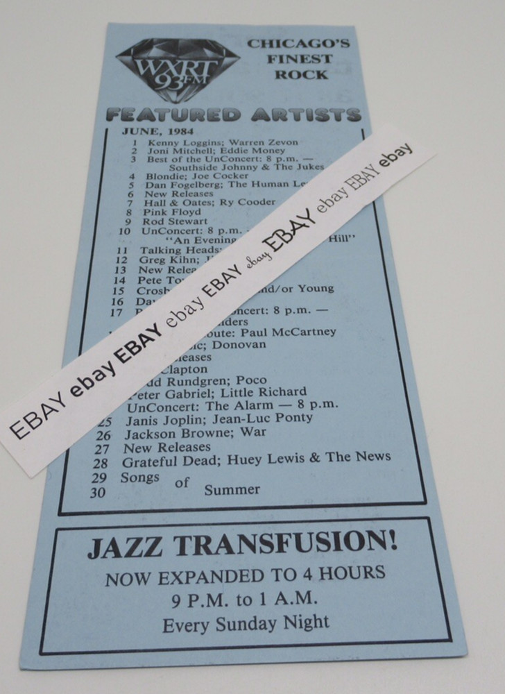 WXRT 93FM Featured Artists Card Chicago JUNE 1984 "Chicago's Finest Rock"