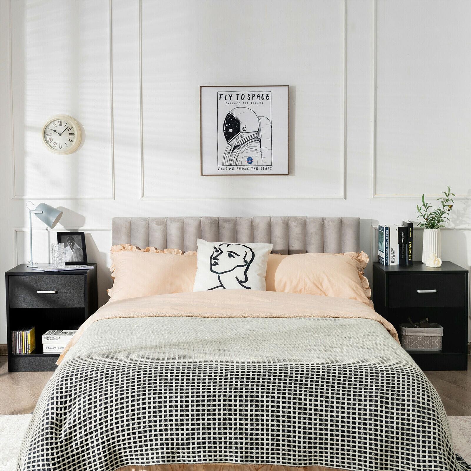 Set of 2 Bedroom Bedside Table Nightstand End Side With Drawer and Open Shelf