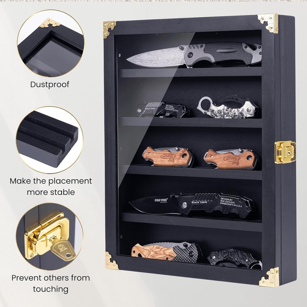 Wall Mounted Wooden Knife Display Case, Four Replaceable Single Grooves, Detacha