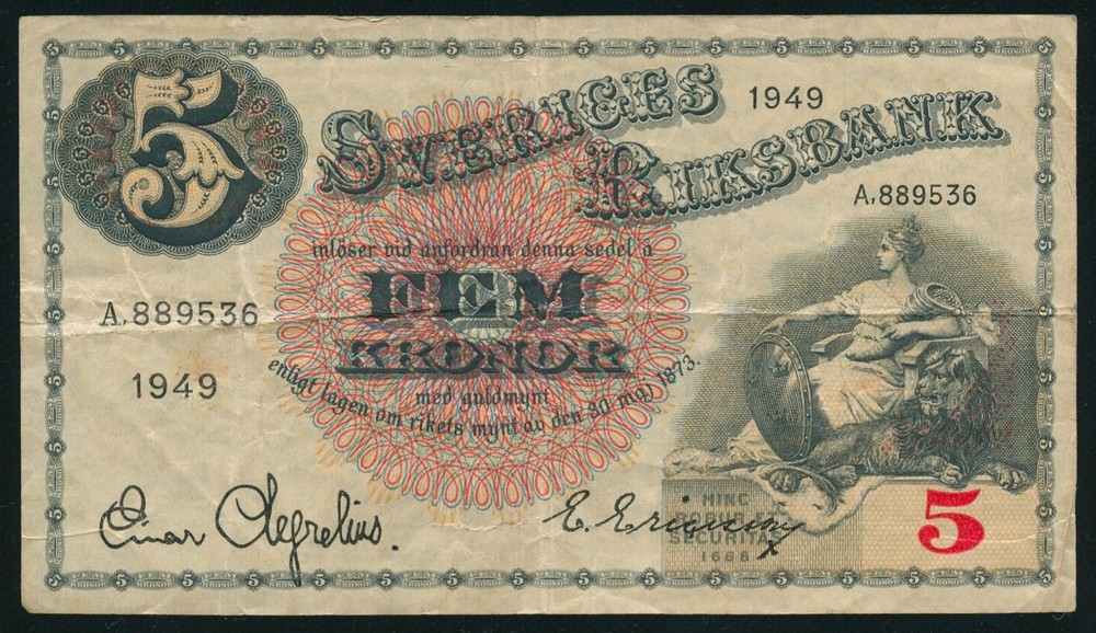 1949 Sweden 5 Kronor Banknote