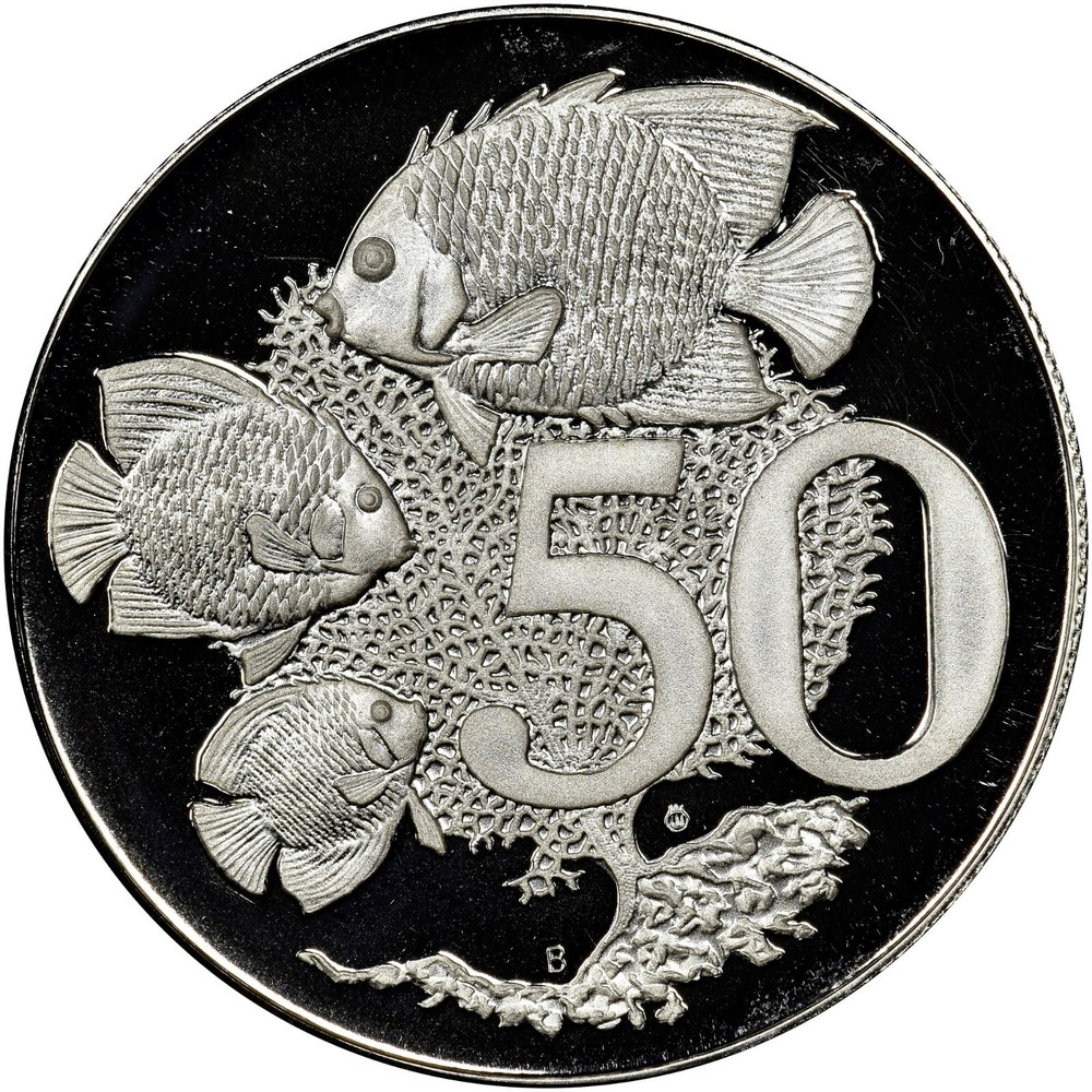 1975 Cayman Is Silver Proof 50 C Fish