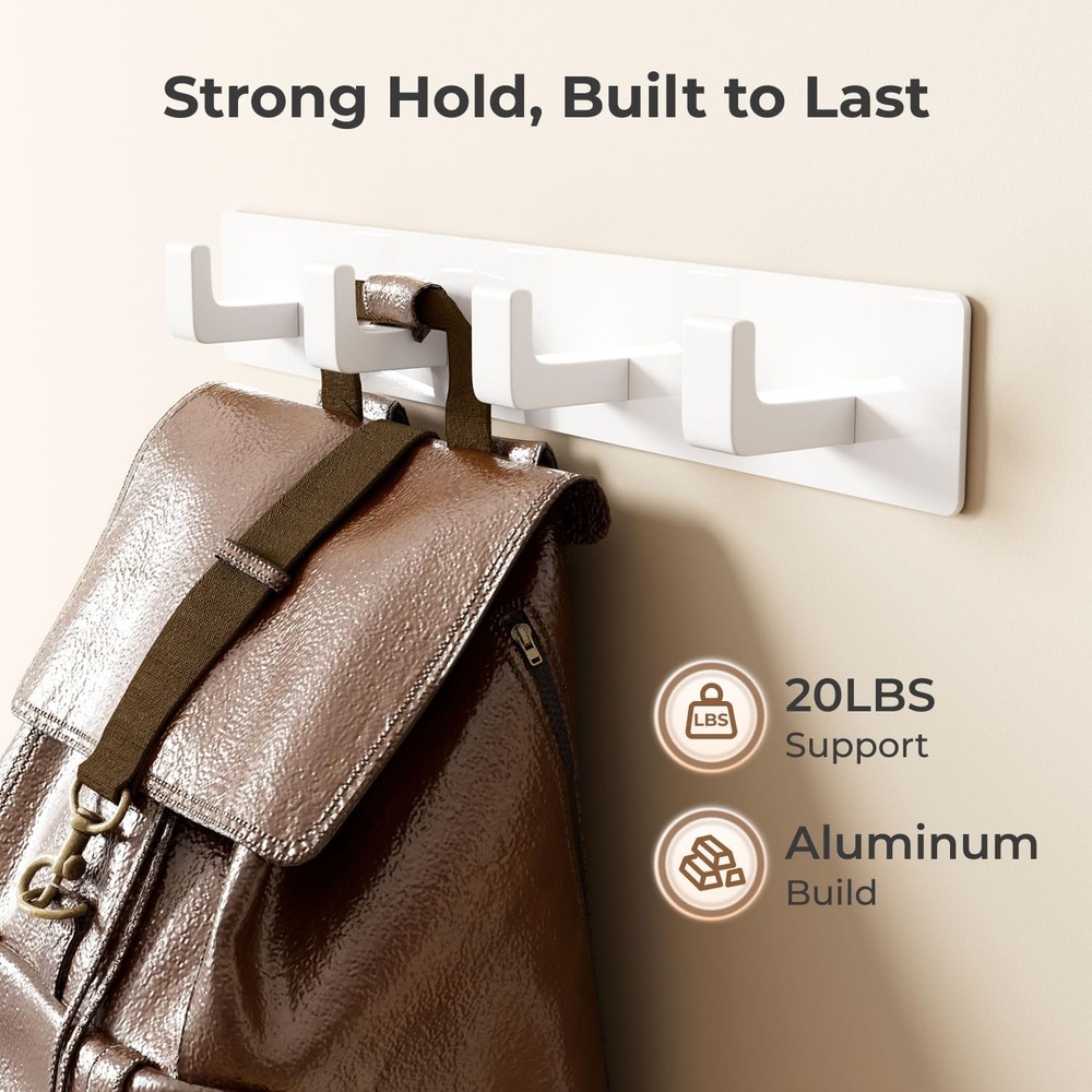 White Wall Mounted Coat Rack - 2 Modular Rails (25'' Total), 8 Right-Angle Ho...