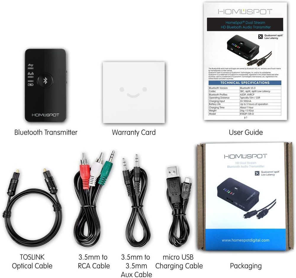 Bluetooth 5.3 Audio Transmitter for TV - Aptx Low Latency, Dual Stream, Optical/