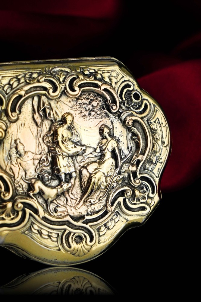 Antique Solid Silver Gilt Table Snuff Box, Rococo Motif and Meleager Boar Head S