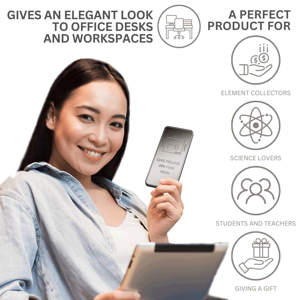 1 Pound .999 Pure Iron Bar Bullion Paperweight with Element Design-Unique Metals