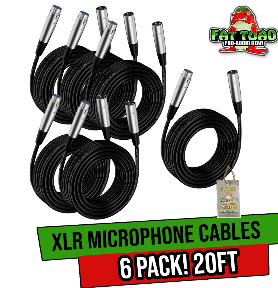 XLR Microphone Cables (6 Pack) by FAT TOAD | 20ft Pro Audio Mic Cord Patch