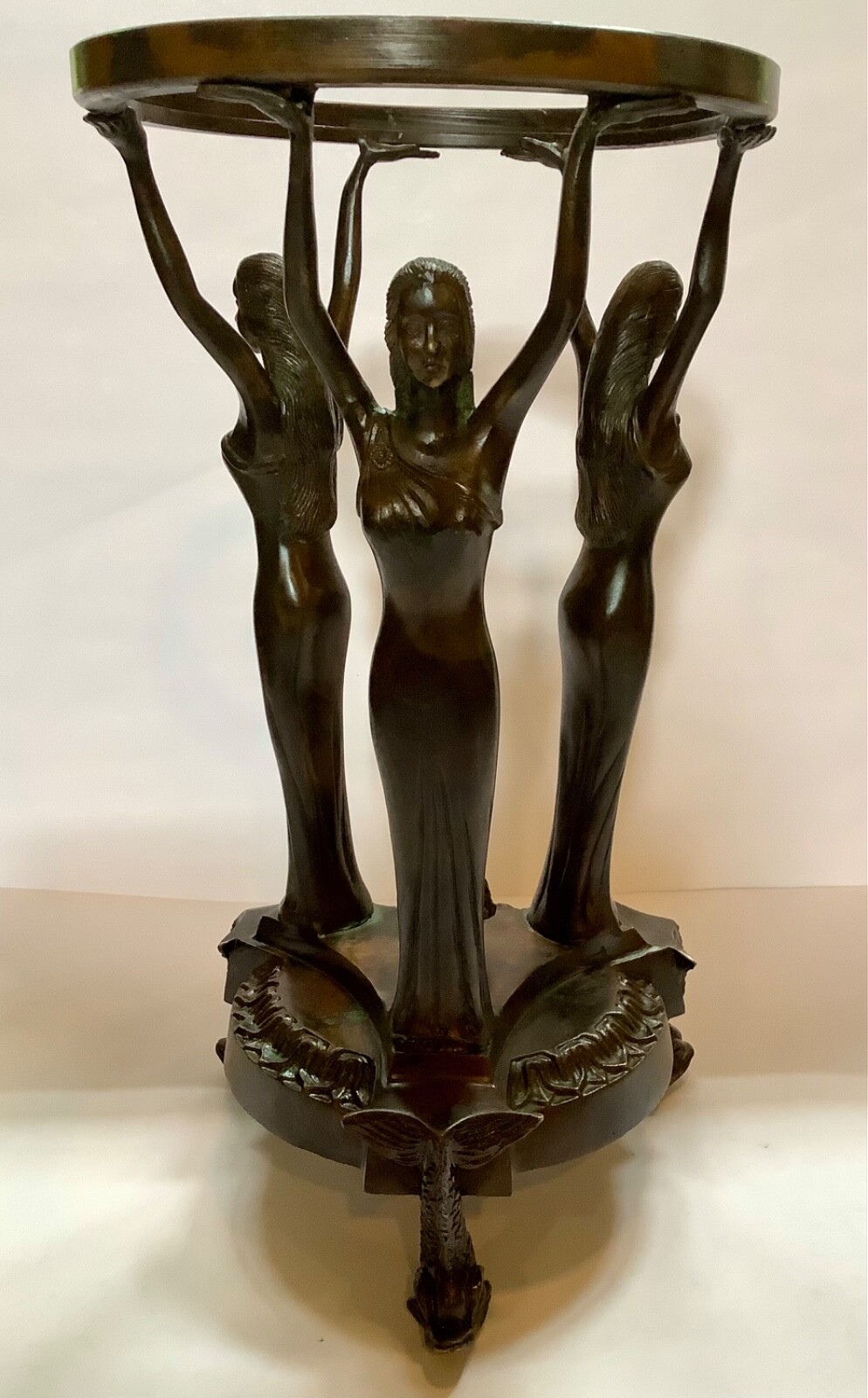 Nouveau Neoclassical Bronze Three Graces Centerpiece Orb or Bowl Stand Koi Feet