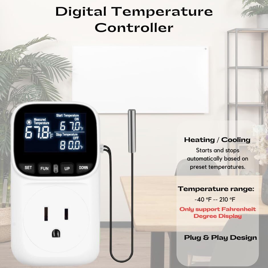 Digital Temperature Controller Thermostat Socket Plug with Timer 15A Fahrenheit