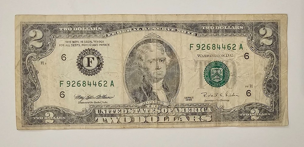 1995 $ 2 BILL INSUFFICIENT INKING ERROR