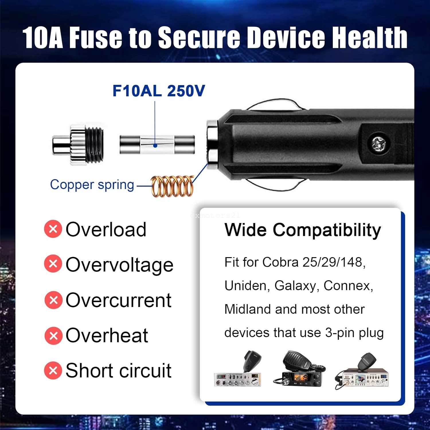 4x CB Power Cord w/ 3-Pin Plug Cigarette Lighter Socket 4.9ft For Midland Galaxy