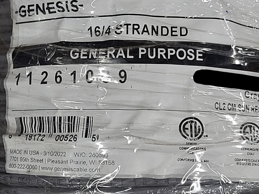 Honeywell Genesis 1126 16/4C General Purpose Speaker/Security Cable Gray /50ft