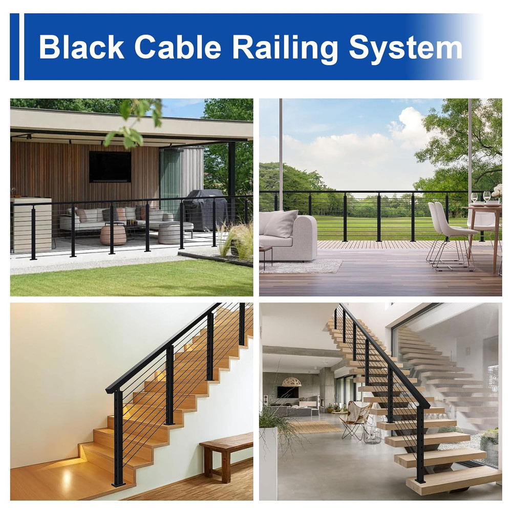 36" Cable Railing Post Kit, 8FT-16FT, Black, Swageless System, 200FT Cable