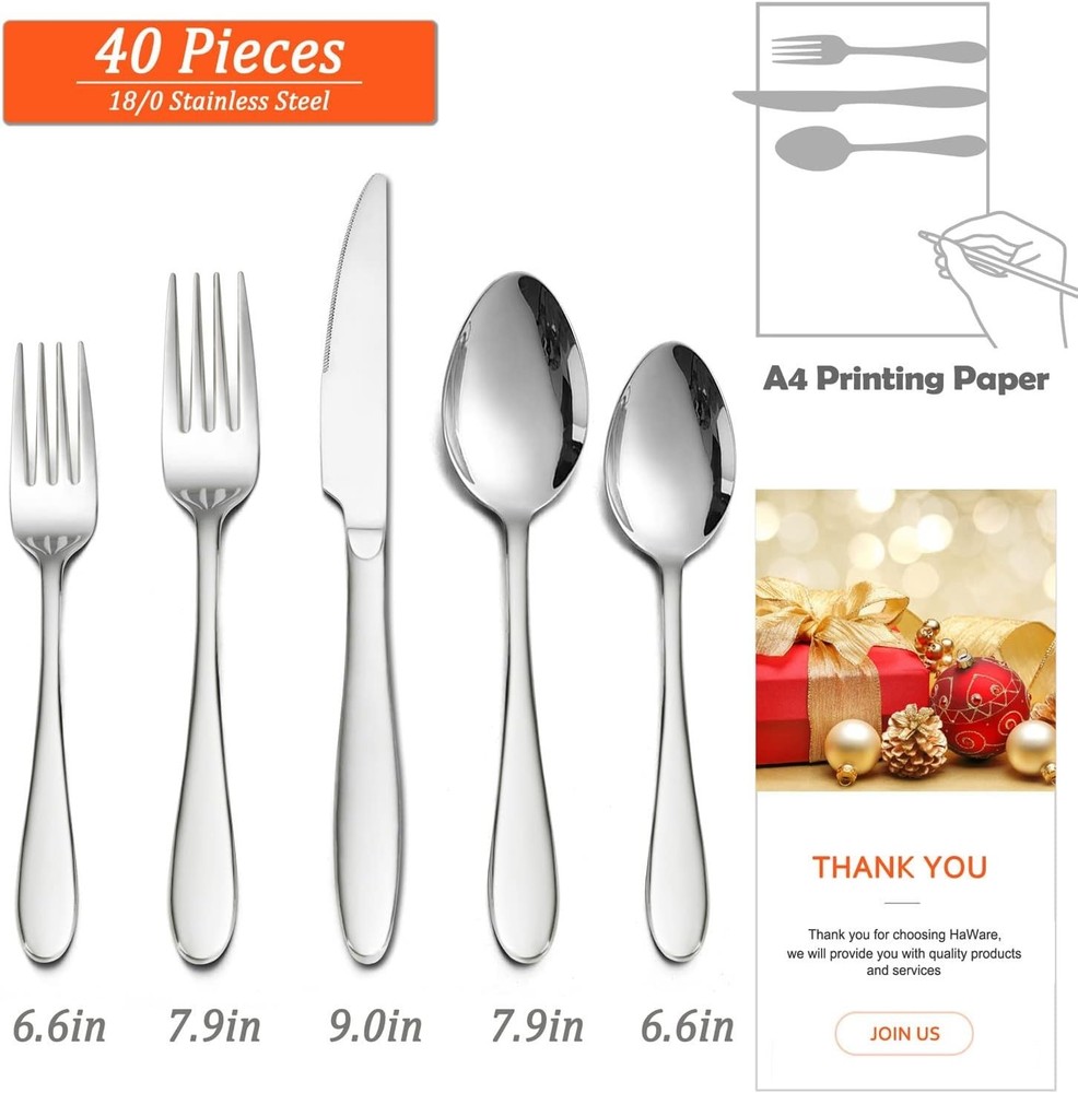 40-Piece Silverware Set, Stainless Steel Flatware Service for 8, Modern Tablewar