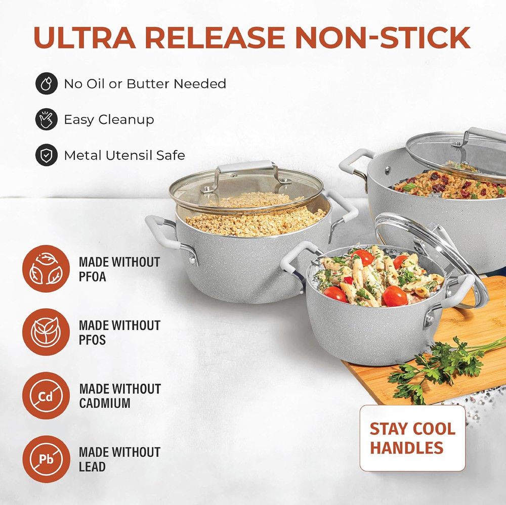 Gray Pots and Pans Set Nonstick, 6 Stackable Piece Cooking Pots Set, Kitchen Pot