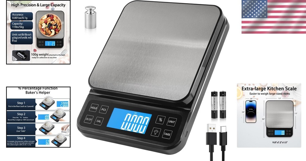 Large 0.1g Accuracy Kitchen Scale - Backlit LCD & Percentage Function for Bakers