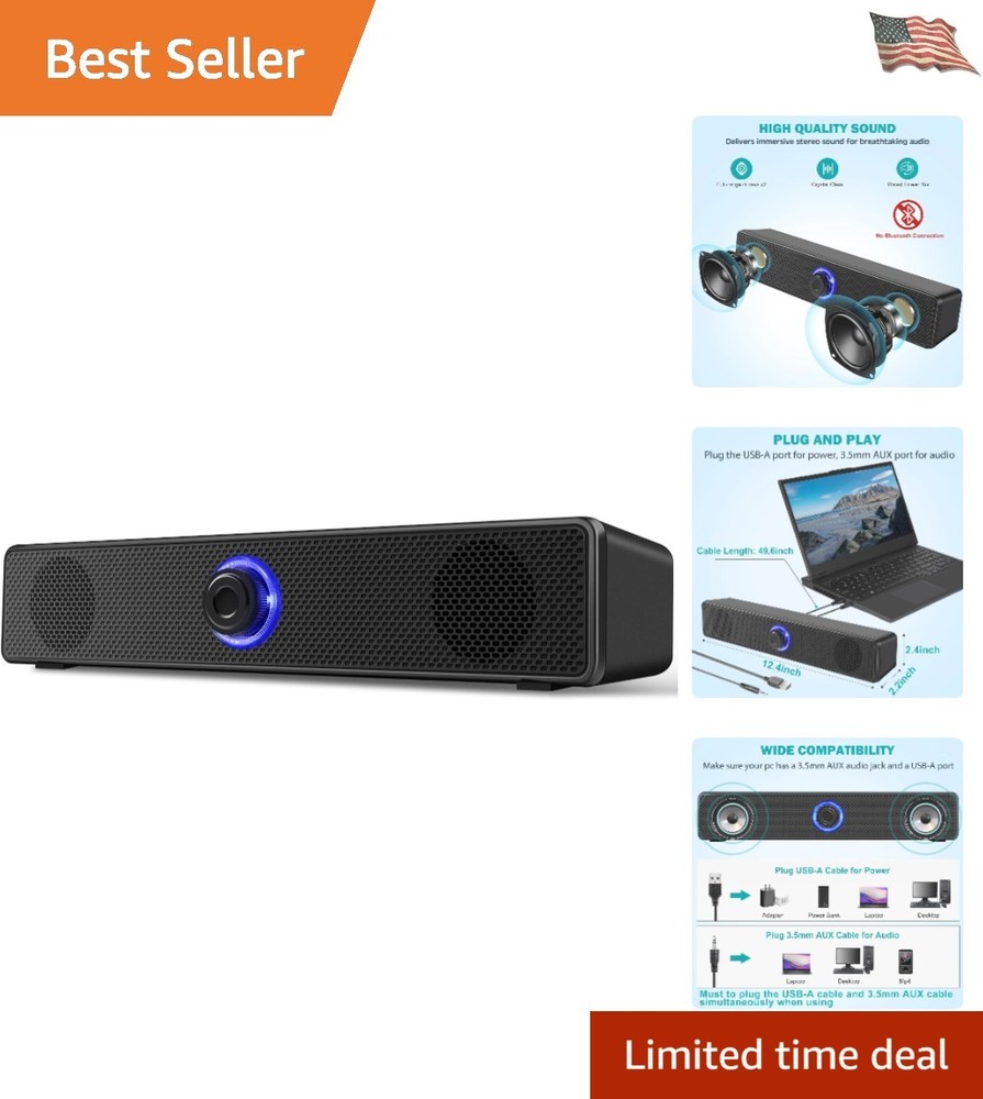 USB-A Powered Wired Stereo Speakers for Computer & Laptop - No Bluetooth