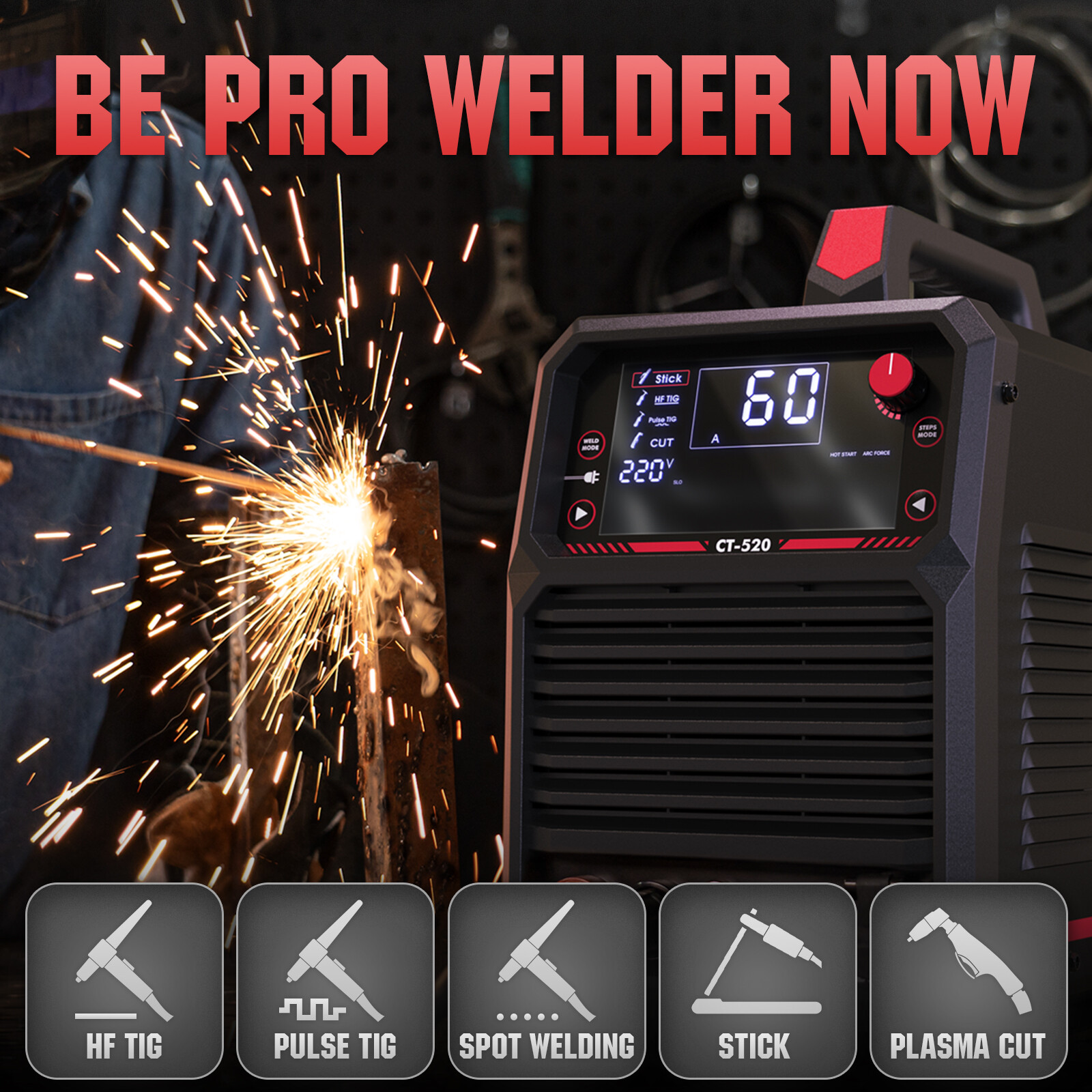 5-in-1 TIG Welder & Plasma Cutter, 200A TIG/Stick, 50A CUT, Dual Voltage
