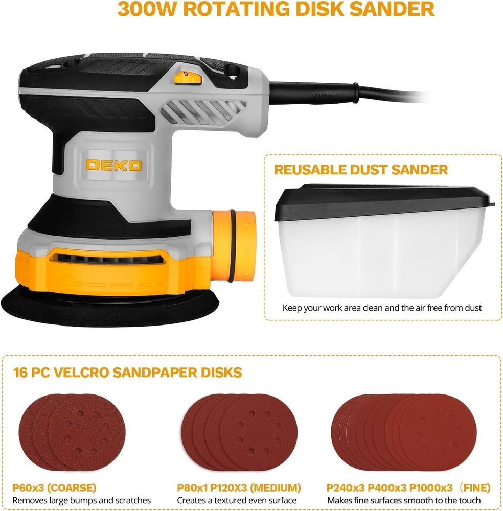 Versatile 5-Inch Random Orbital Sander - Ergonomic & Efficient Dust Collection