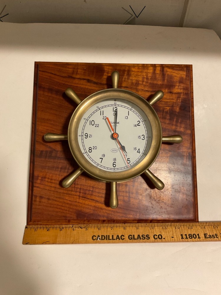 Solid Brass Maritime Ships Wheel Classic Clock Wooden Base