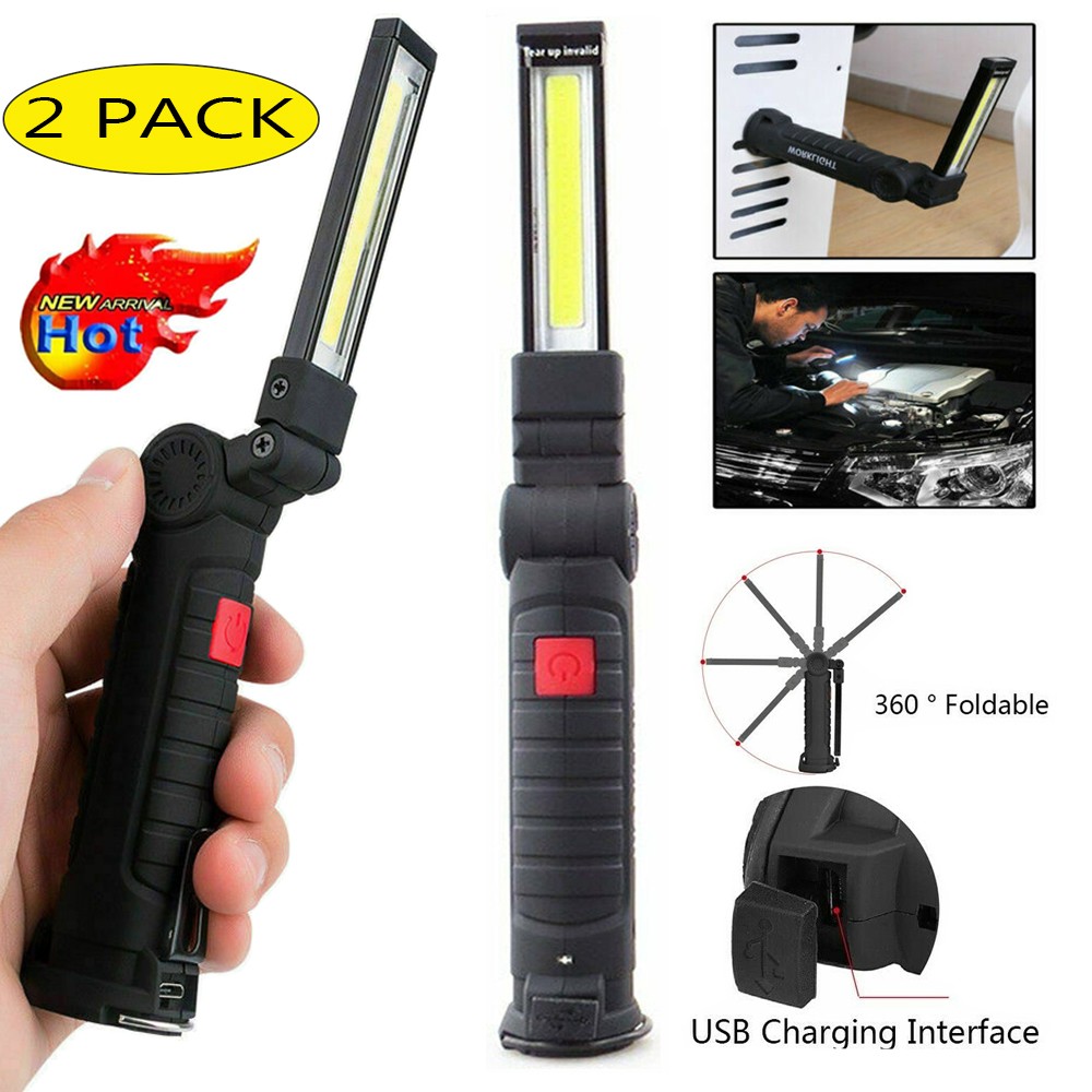 2PCS 5Mode LED COB Work Light Flashlight USB Rechargeable Foldable Magnetic Base