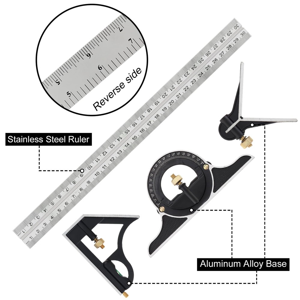 12" Adjustable Sliding Combination Square Ruler & Protractor Level Measure Me...