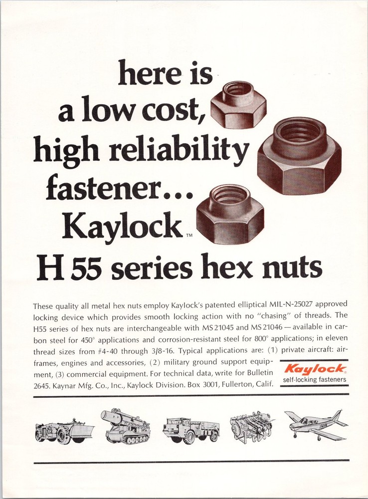 Kaylock H 55 Series Hex Nuts Print Ad 1966 Vintage Industrial Hardware