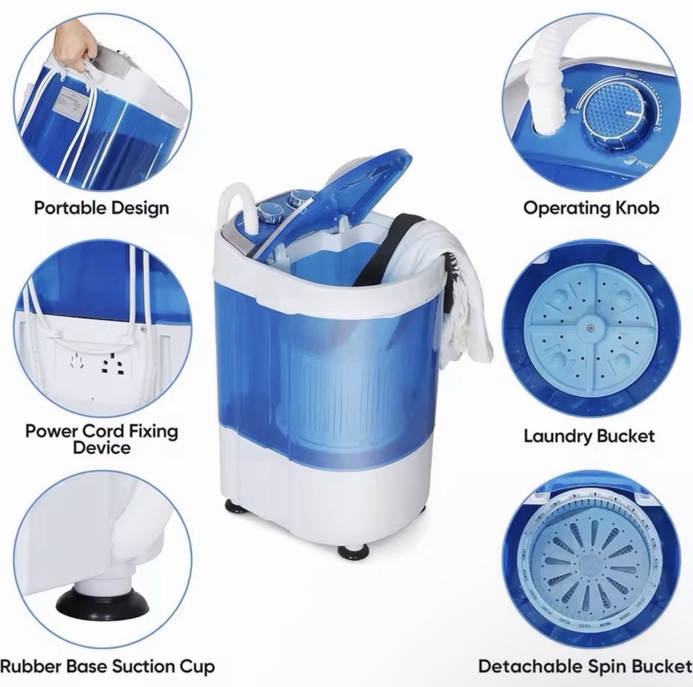 12LB Portable Compact Mini Washing Machine Top-Loading Blue White Spin Bucket