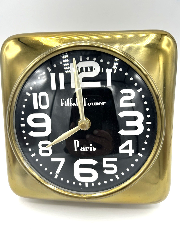 Gold Chrome Steel Square Bubble  Eiffel Tower Paris Clock