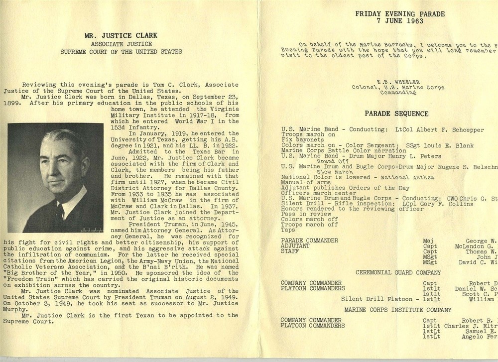 Friday Evening Parade Marine Barracks Washington DC 1963 Program Justice Clark