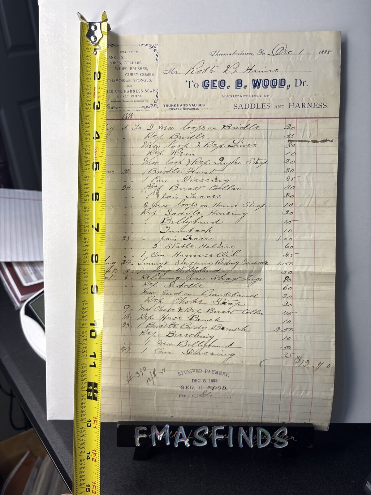 H2 1888 Vintage GEORGE B WOOD Saddles & Harness Billhead Invoice HORSE Tack