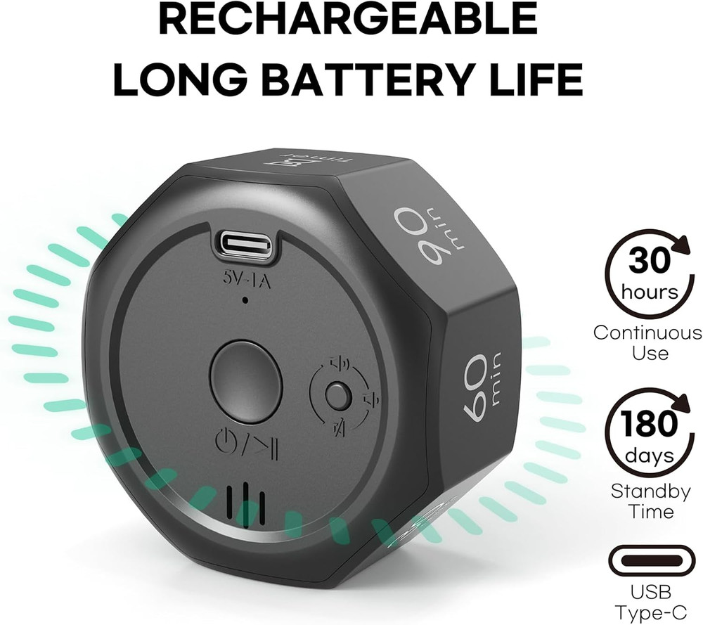 Flip Cube Pomodoro Timer - Rechargeable Visual Countdown & Count up Stopwatch, 7