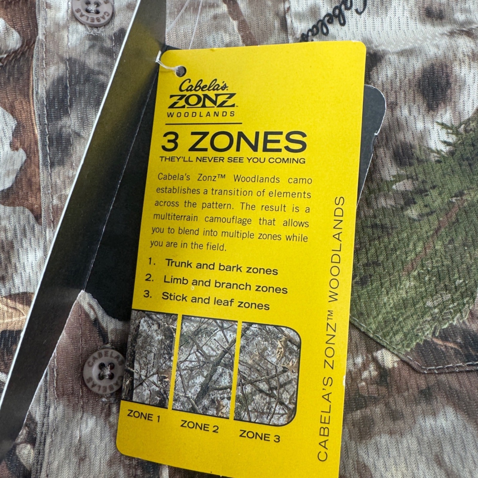 NEW Cabelas Zonz Woodlands Camo Long Sleeve Button Up Shirt Mens 2XL Hunting NWT