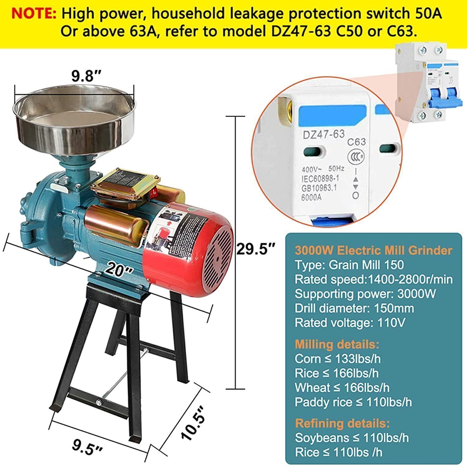 110V 3000W Electric Grain Corn Wheat Feed Mill Dry&Wet Cereals Grinder w/Funnel