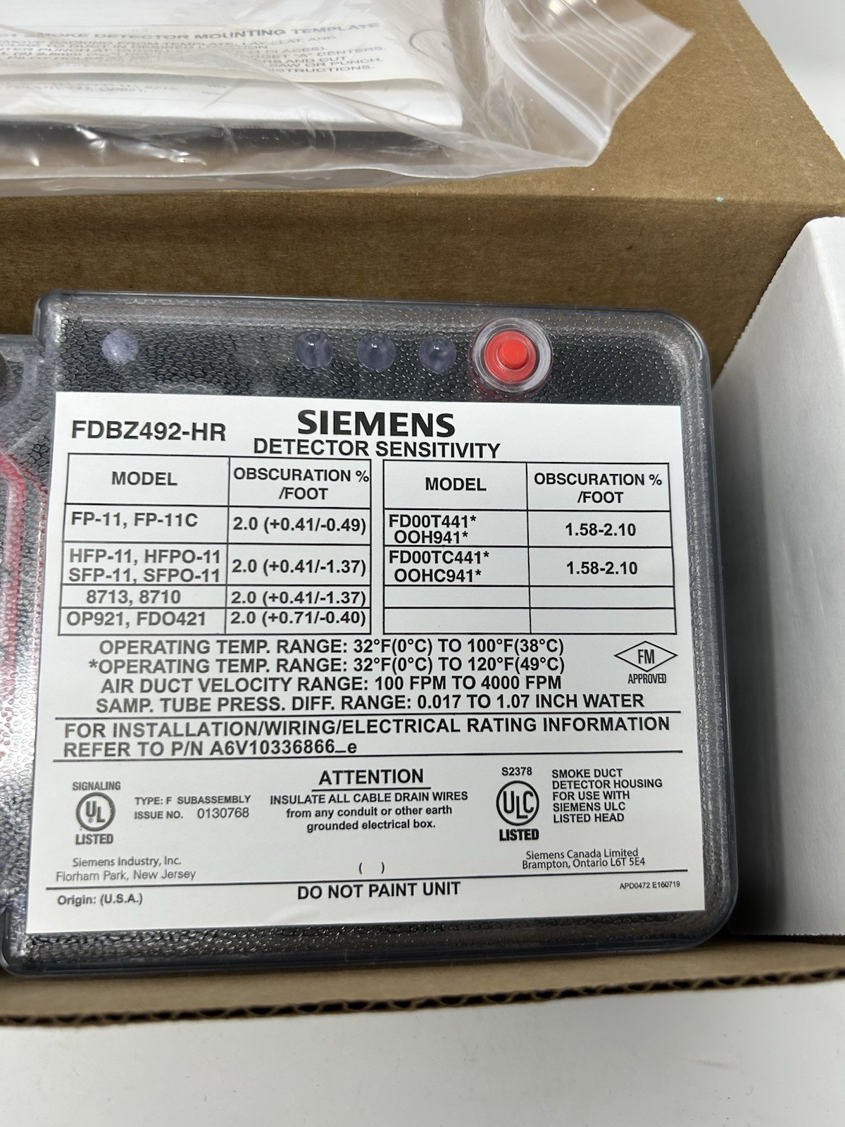 New Siemens FDBZ492-HR Duct Smoke Detector S54319-B23-A1