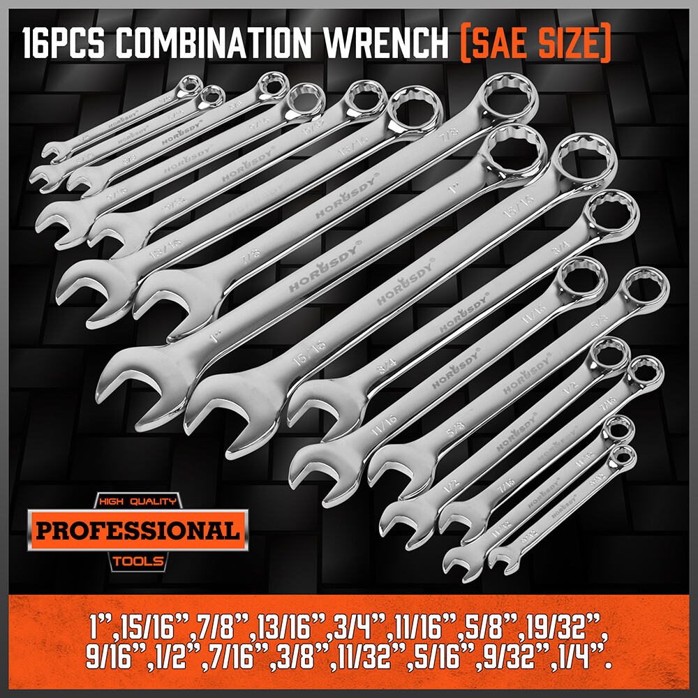 HORUSDY 32PCS Combination Wrench Set Inch MM 1/4"-1" 7mm-22mm 12 Point With Case