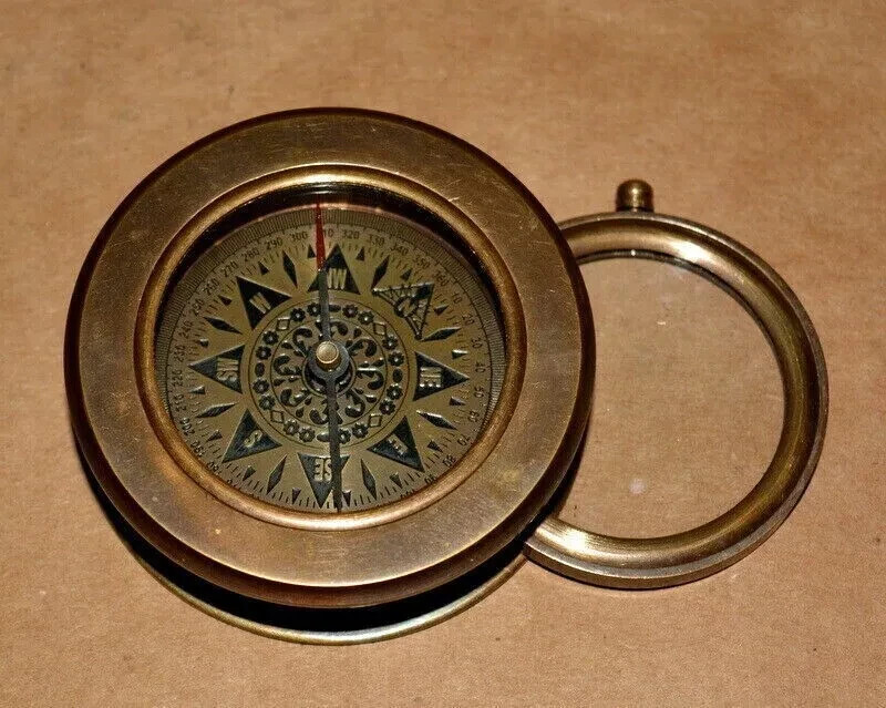 Vintage Brass Compass Nautical Folding Magnifying Glass Map Reader