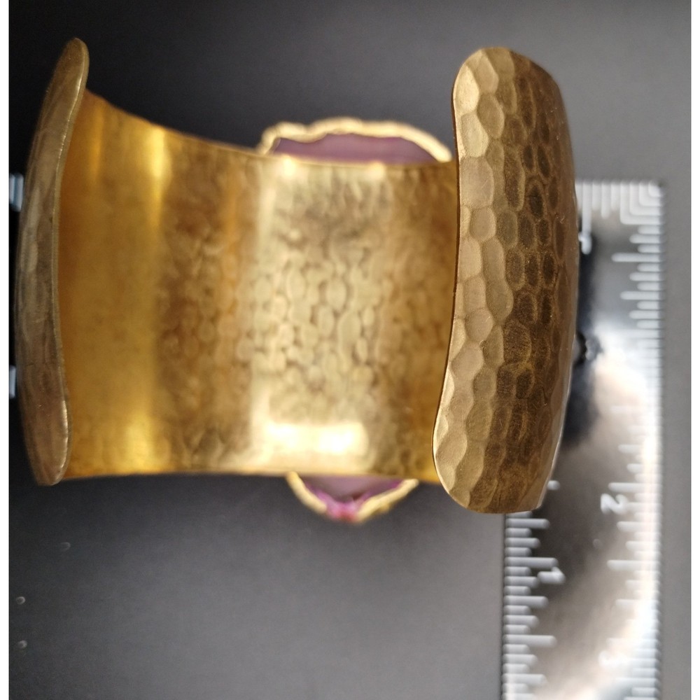 Handcrafted Hammered Goldtone Cuff Bracelet Pink Agate Geode Slice Statement