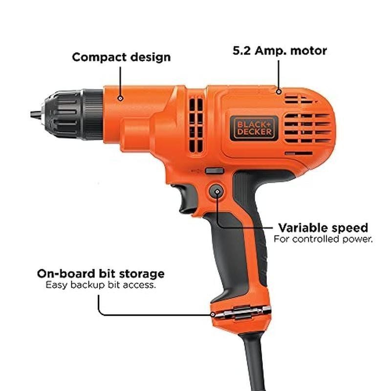 Powerful Corded Drill 5.5Amp Variable Speed Compact Onboard Bit Storage Electric
