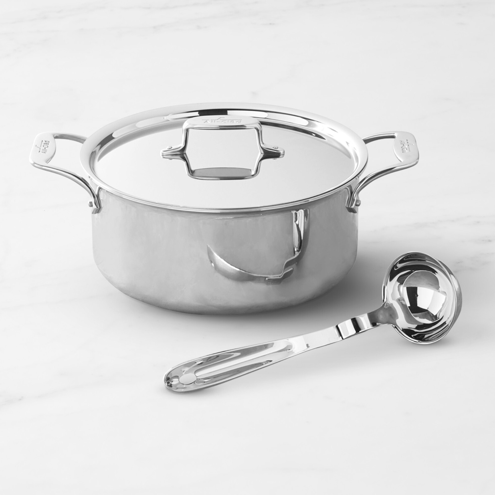 All-clad D5 Stainless Polished 6 qt Ultimate Soup Pot with hanging ladle
