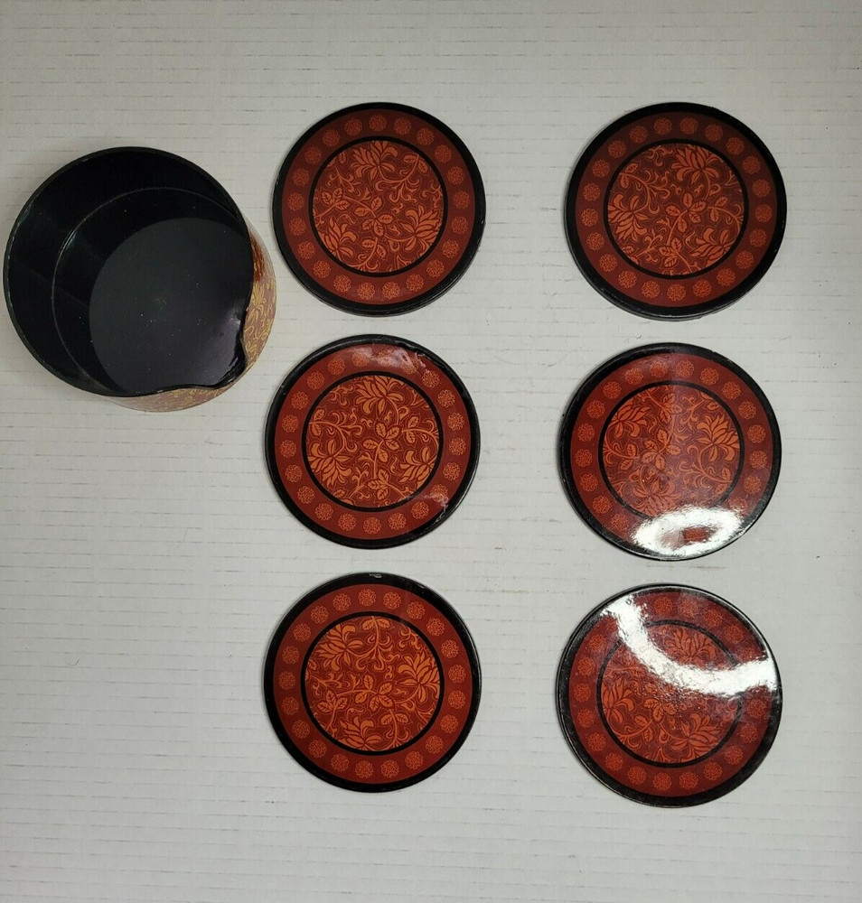 Coasters 6 Blk Red Lacquer with Holder(FF-43-M-3)