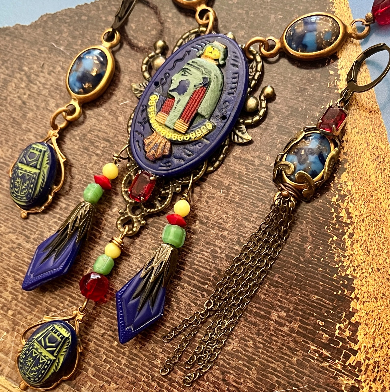 Deco Egyptian Revival Necklace Set, Neiger Style Pharaoh, Royal Blue, Red, Green