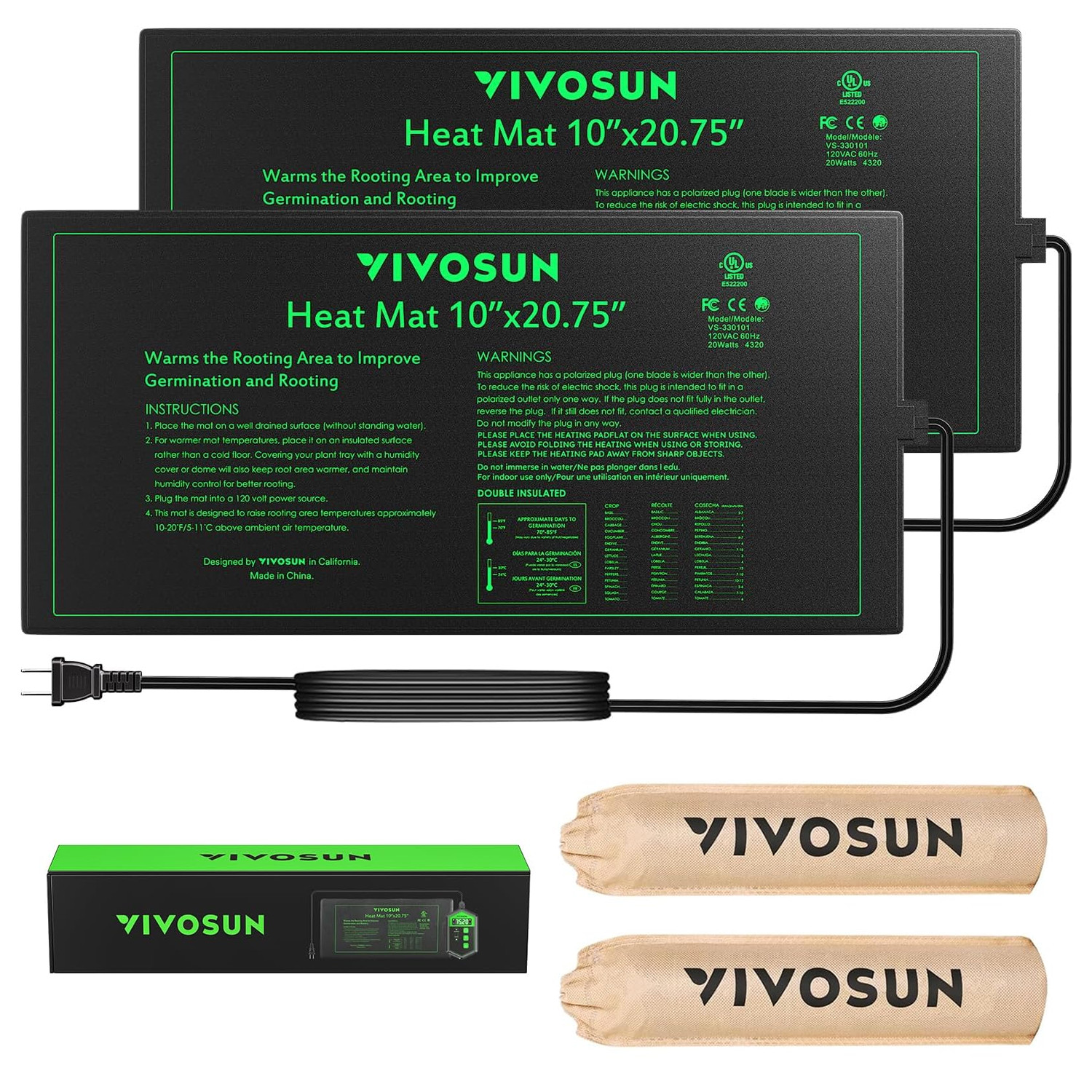 VIVOSUN 2 Pack Waterproof Seedling Heat Mat 10" x 20.75" UL & MET-Certified,20W
