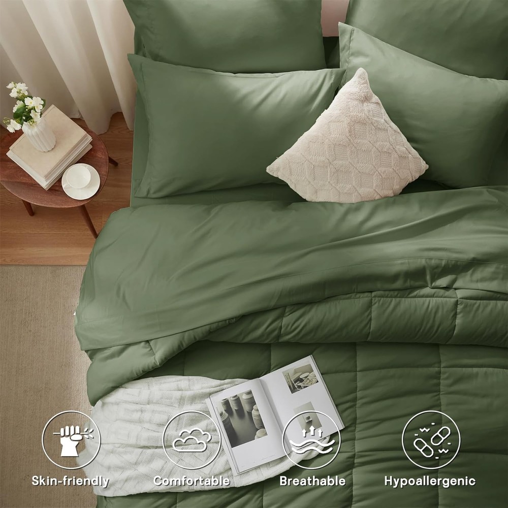 7-Piece Olive Green Queen Comforter Set - Cozy & Contemporary Bedding Solution