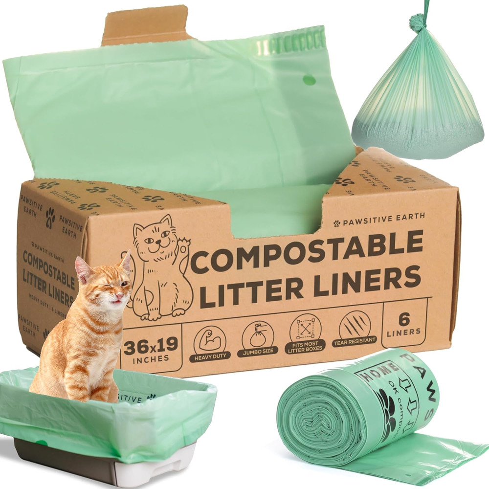 Cat Litter Box Liners 100% Compostable - Drawstring Close - 6 Count - Jumbo Size