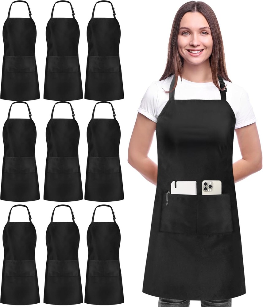Utopia Kitchen 10 Pack Bib Apron Adjustable with 2 Pockets, 10 Pack, Black