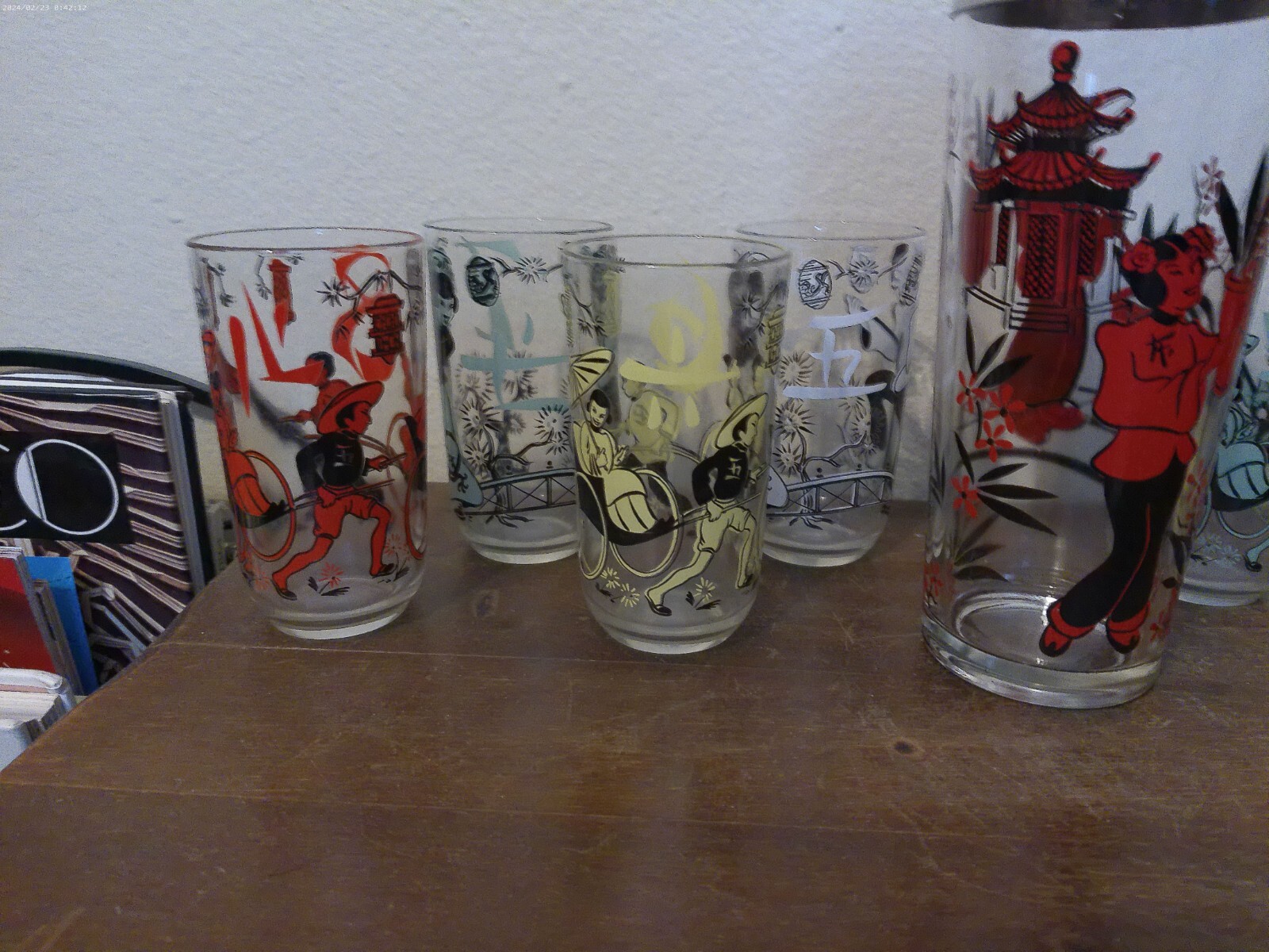 Vintage Mid Century Oriental Asian Design Cocktail Shaker and Eight Glasses